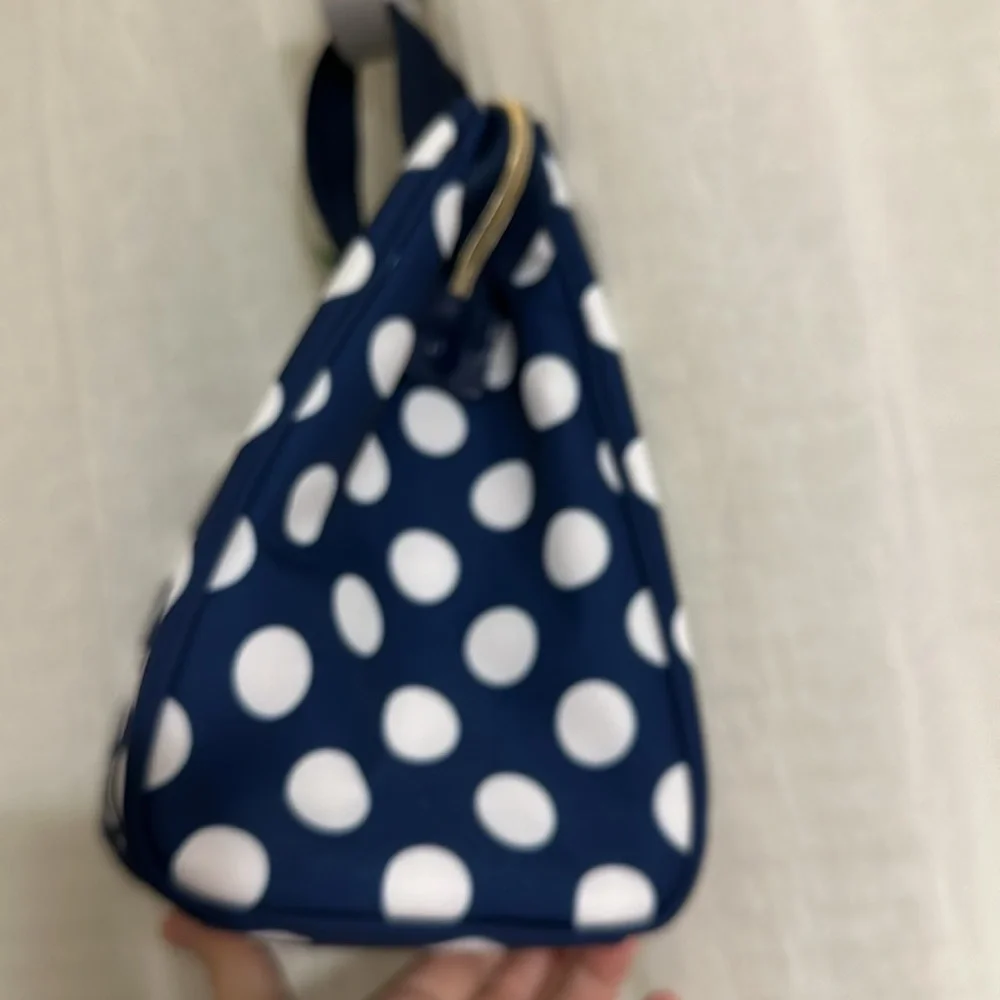 kate spade Navy White Jumbo Polka Dot Gold Tone Zip Lunch Bag NWT